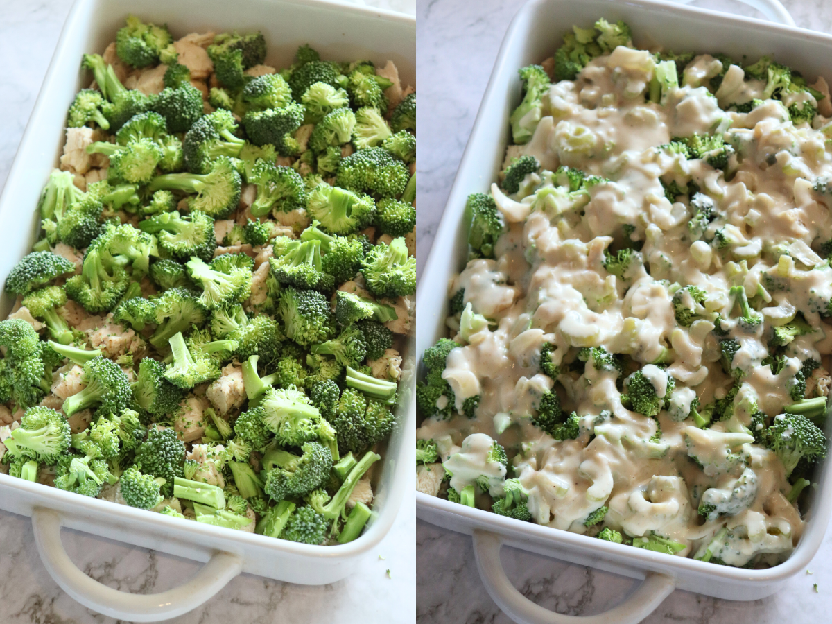Chicken divan showing side by side with casserole dish with chicken and broccoli and another image of chicken and broccoli with sauce poured on top.