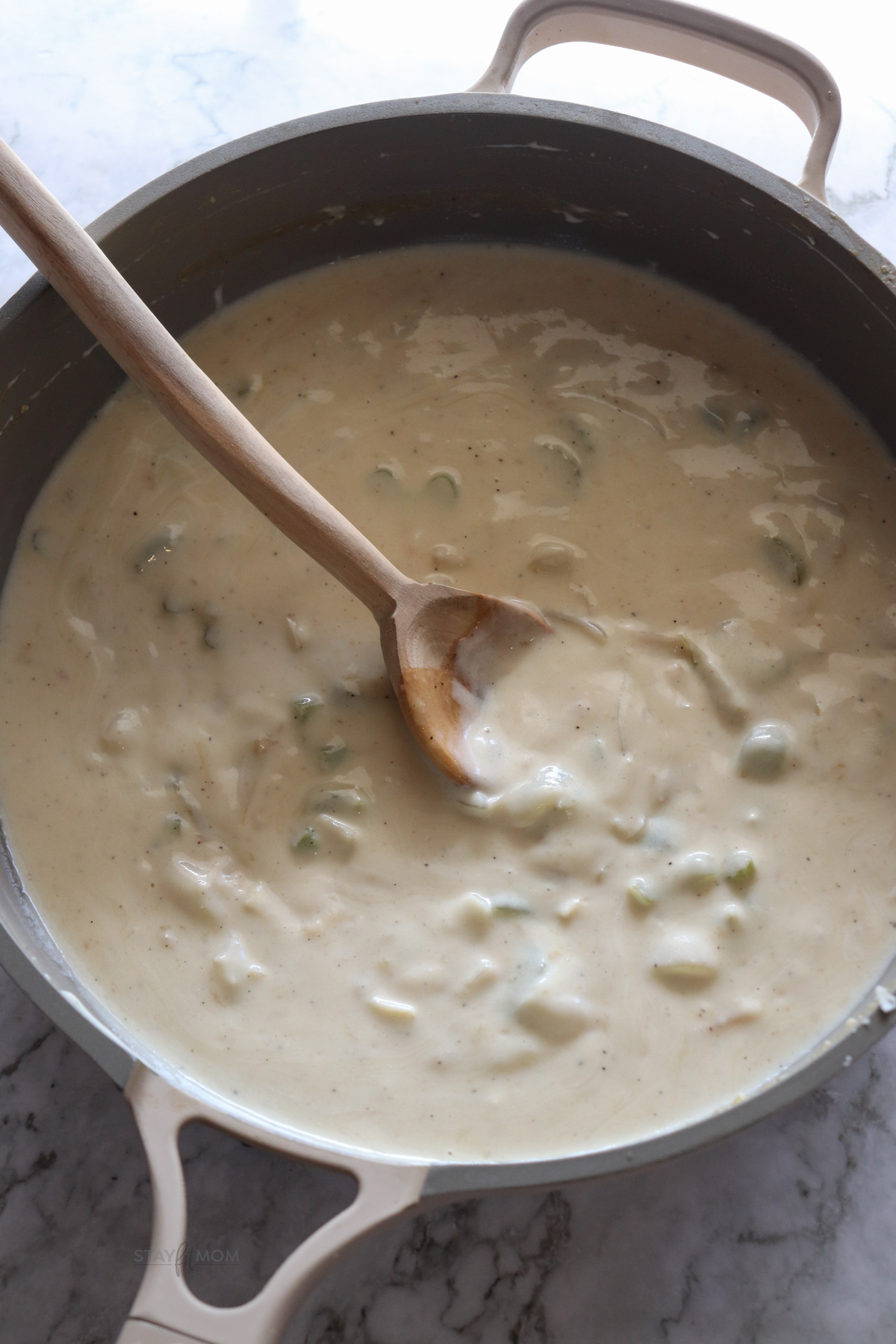 Chicken divan showing completed sauce mixture.