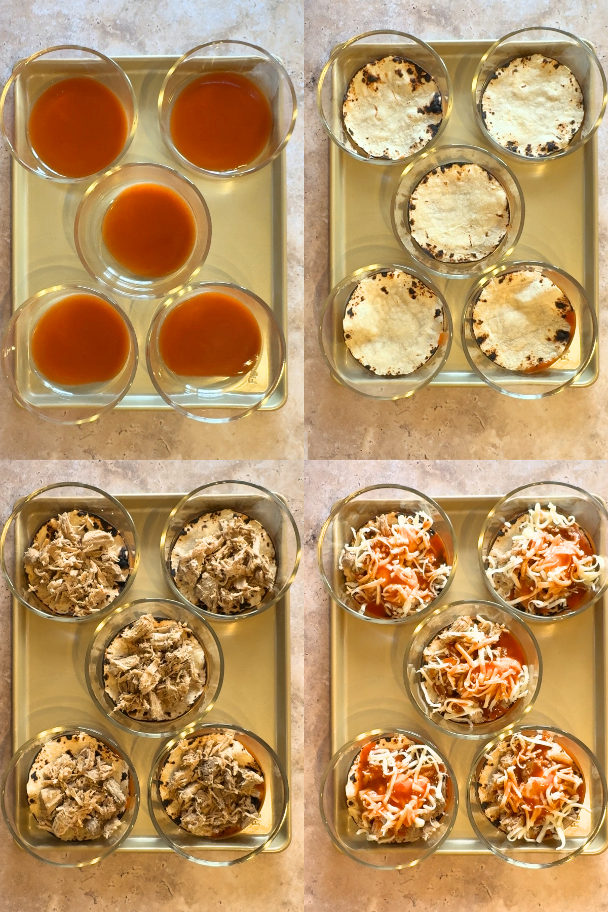 Pork Enchilada Bowls showing 4 images demonstrating the layering of ingredients in meal prep bowls.