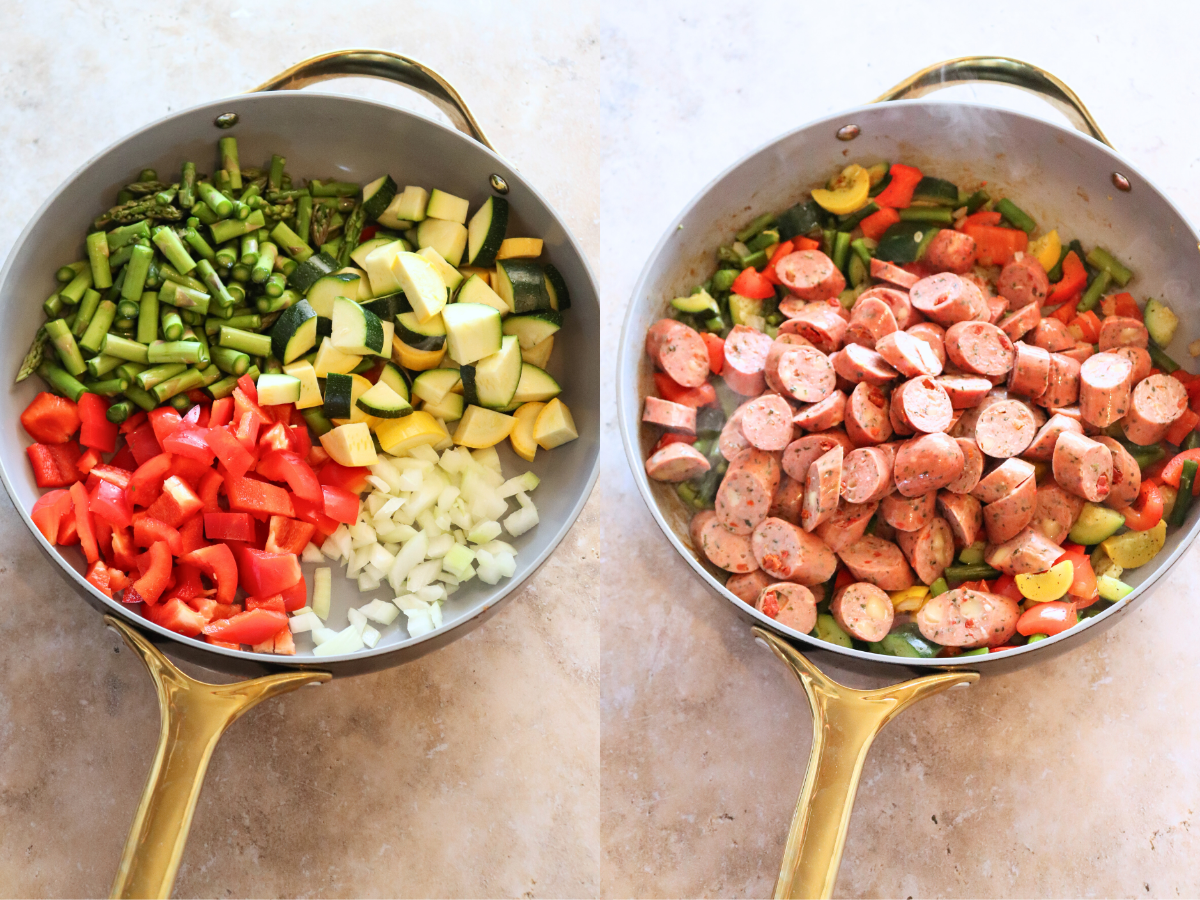 Veggie Mac & Chicken Bowls showing side-by-side images of skillet with diced veggies and skillet with sautéed veggies topped with diced chicken sausage.