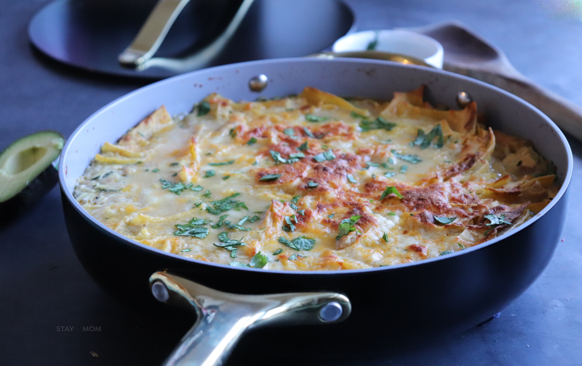 White chicken enchilada skillet showing completed meal.