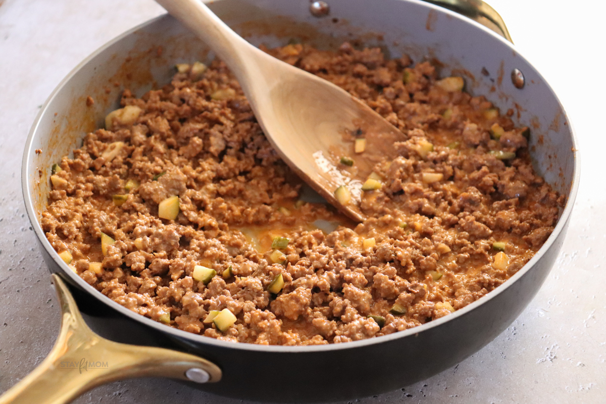 Cheeseburger Sloppy Joes showing meat mixture ready to be served.