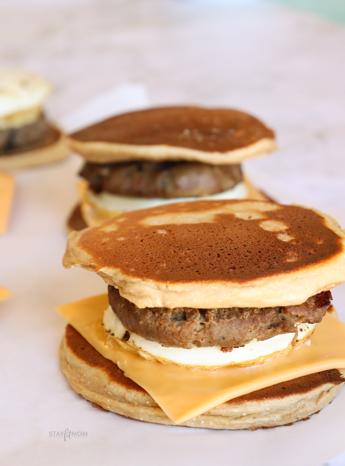 Close up image of Sausage Griddlers showing completed sandwiches.