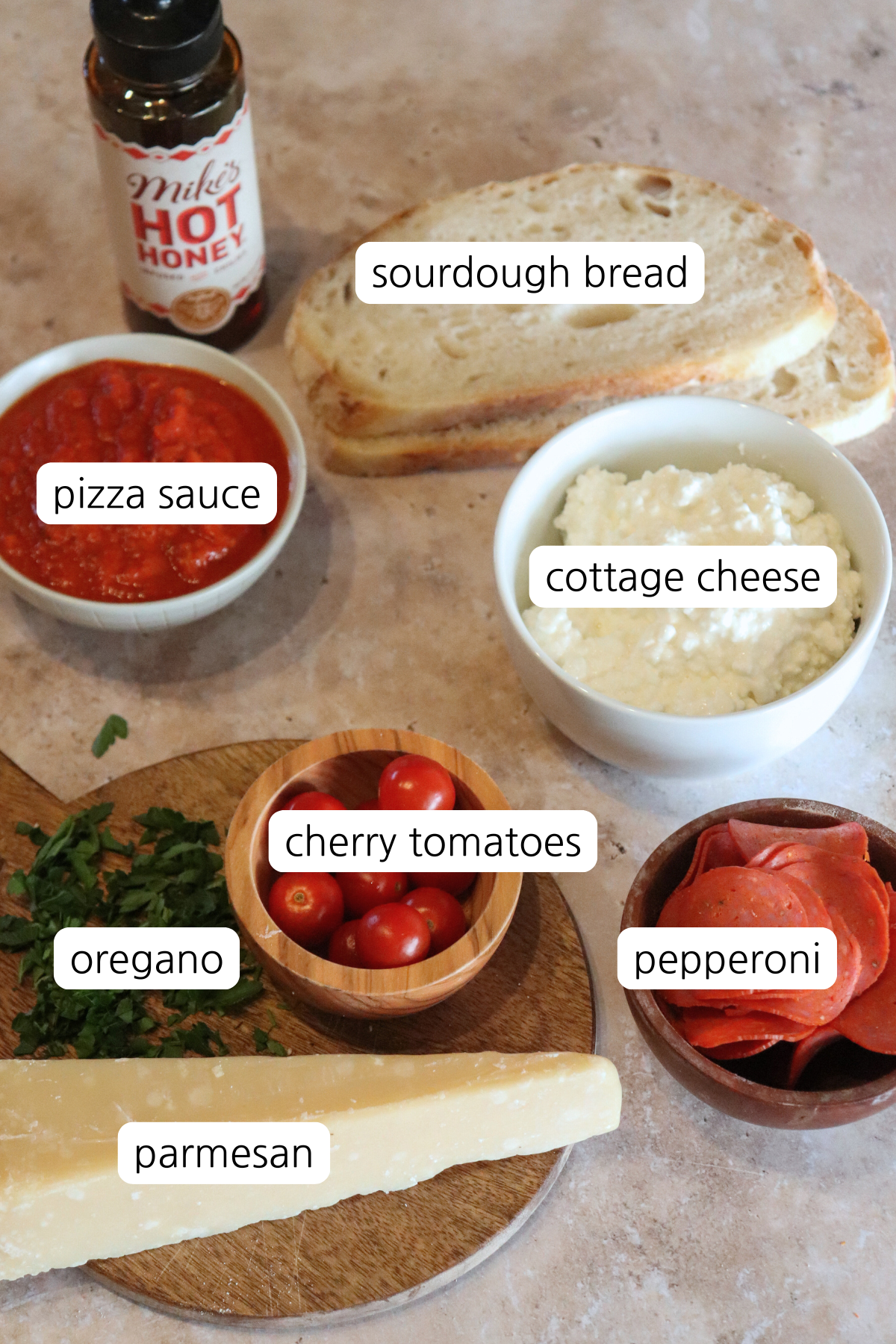 Image of ingredients labeled in small bowls.