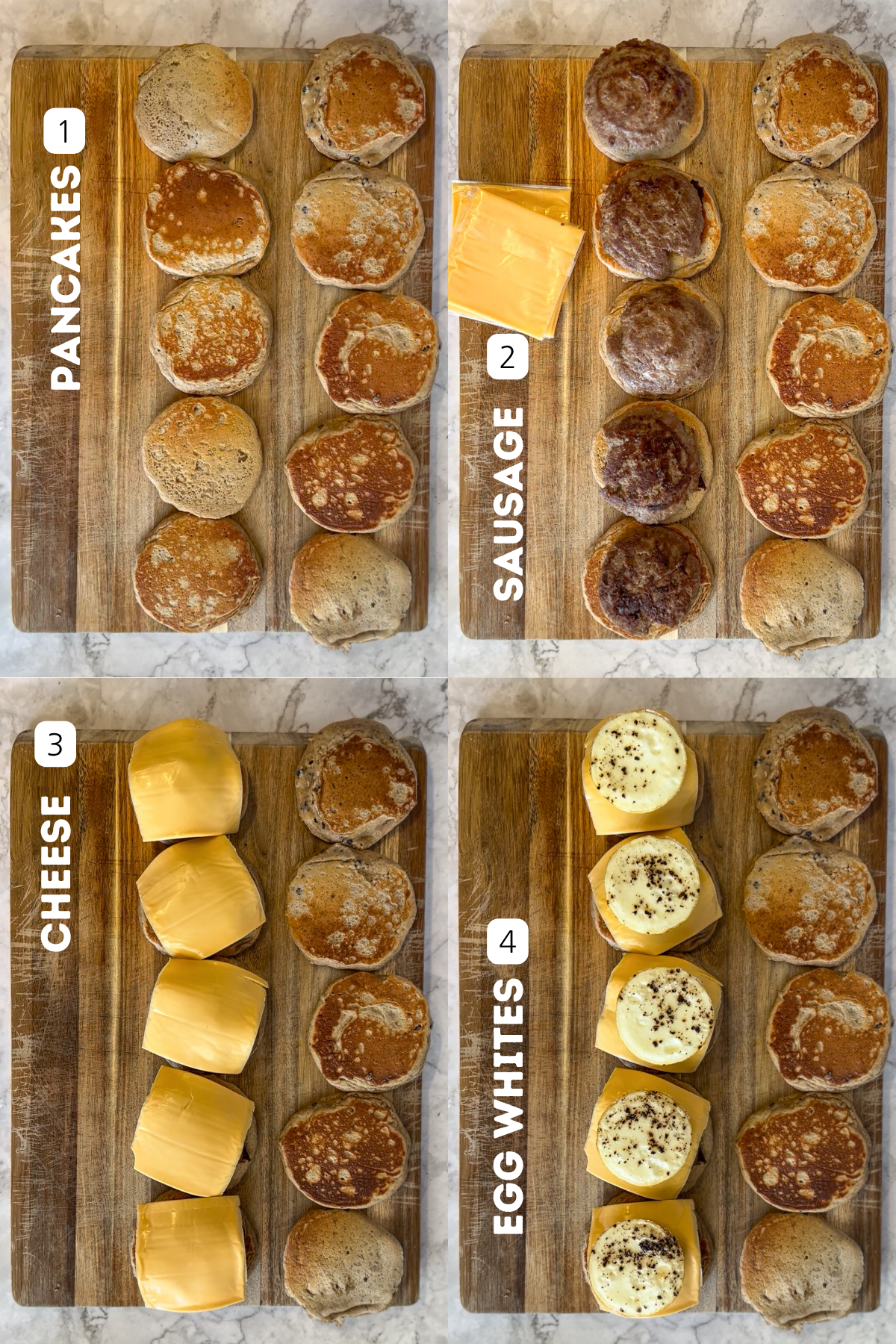 Sausage Griddlers showing 4 step process to assembling the meal.