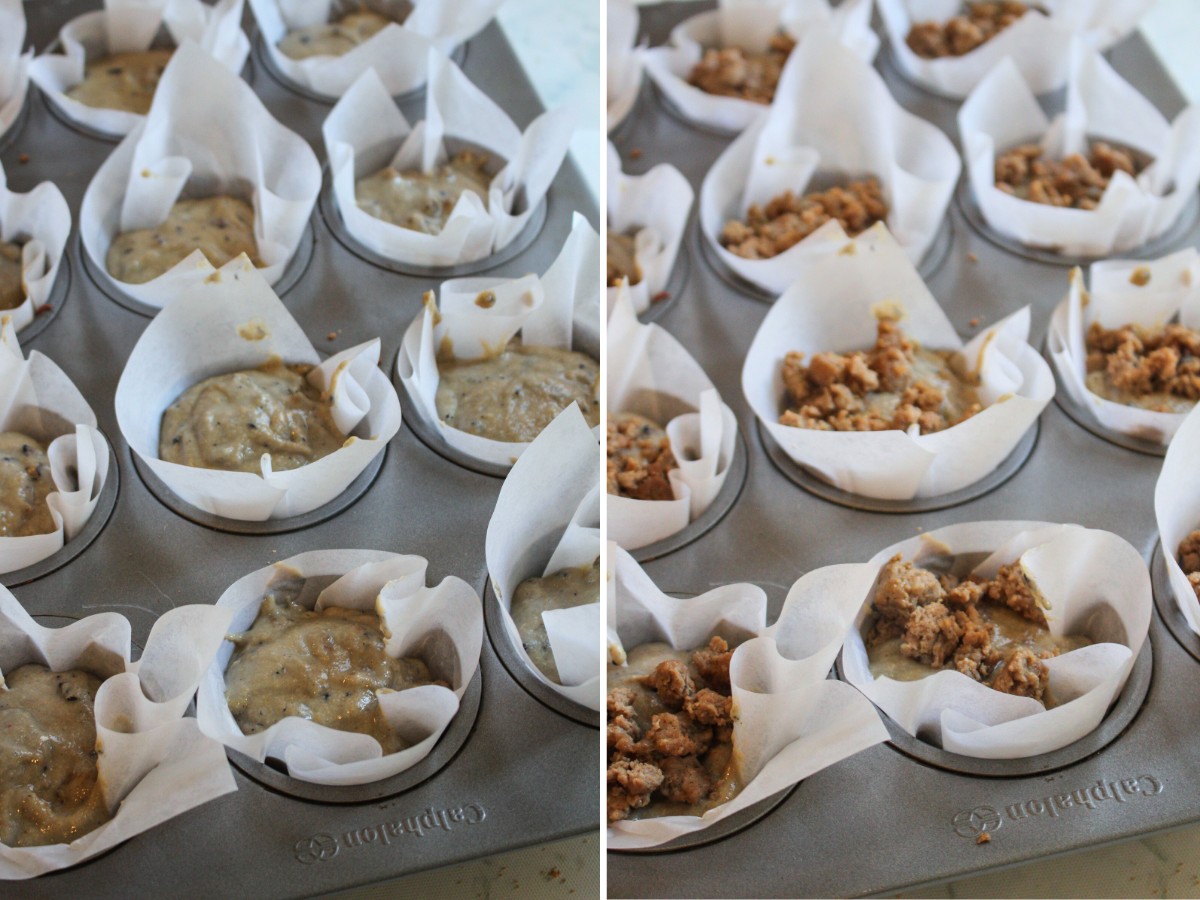 Sausage Blueberry Muffins showing a side-by-side image of muffin tins on the left filled with muffin mix and the image on the left with the crumbled sausage added.