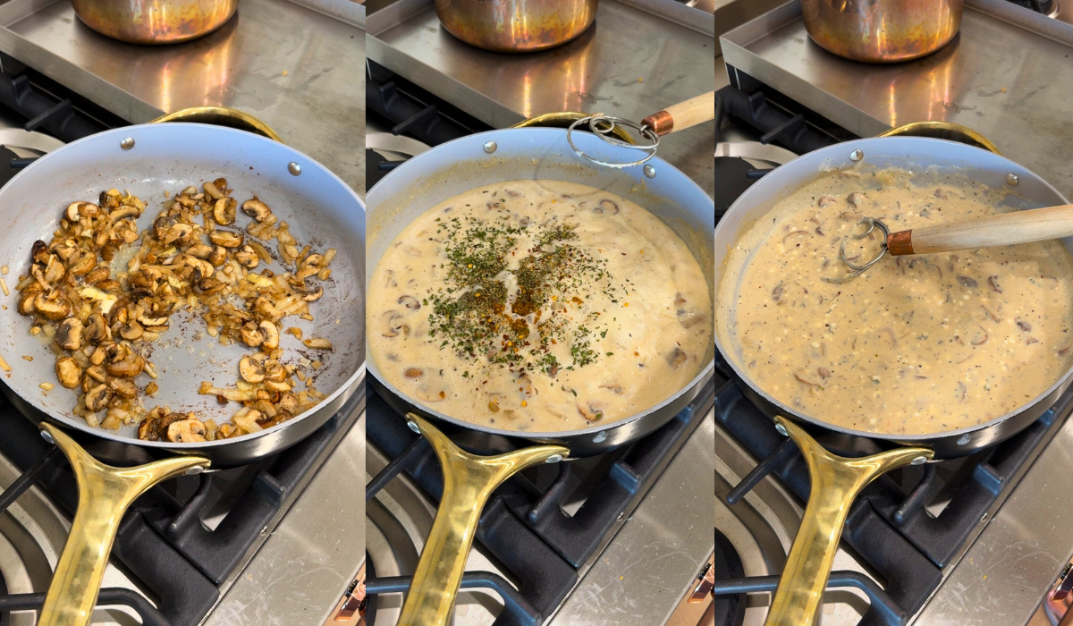 Alfredo Chicken Orzo Bowls showing 3 images with steps to making alfredo sauce.
