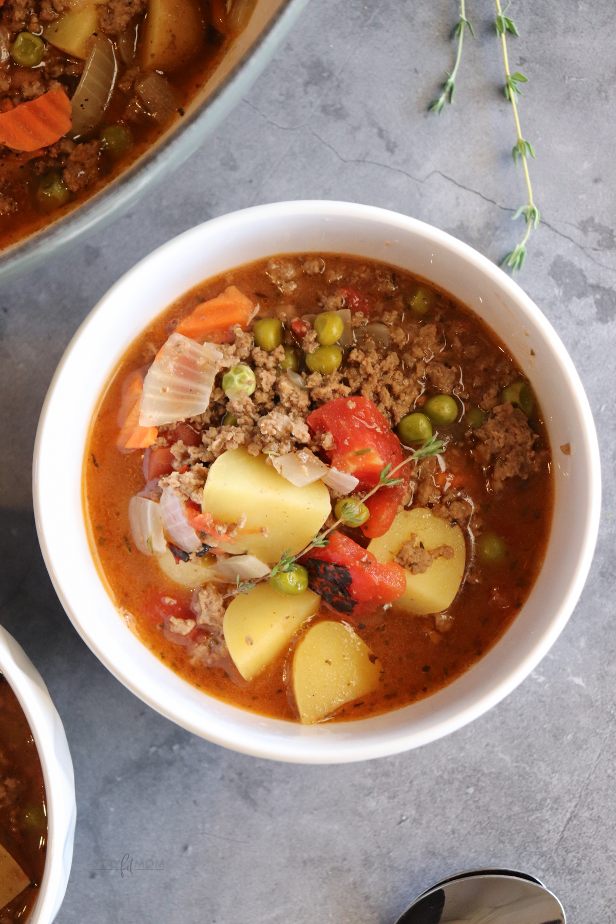 Ground Beef Stew with visible ground beef and vegetables in broth.