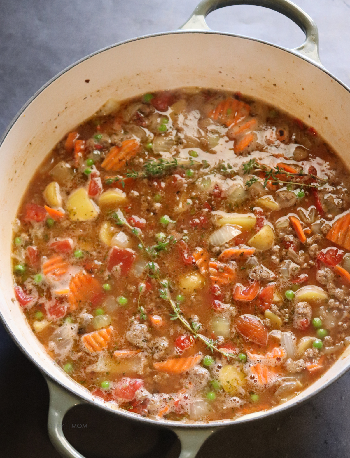 Ground Beef Stew showing completed recipe in a large soup pot.