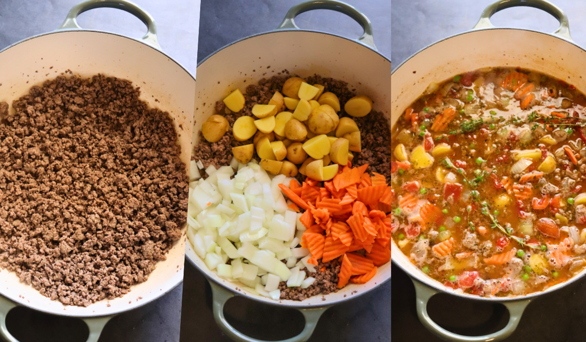 Ground Beef Stew showing 3 pics: ground beef, ground beef topped with diced veggies, completed stew.