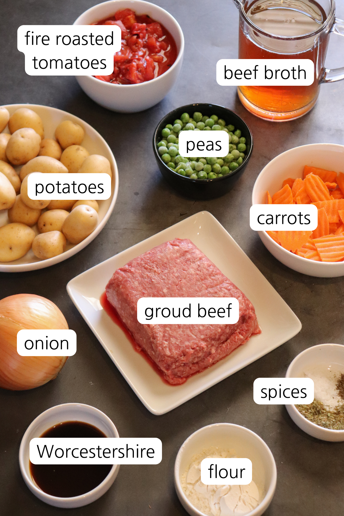 Ground Beef Stew showing ingredients with labels.