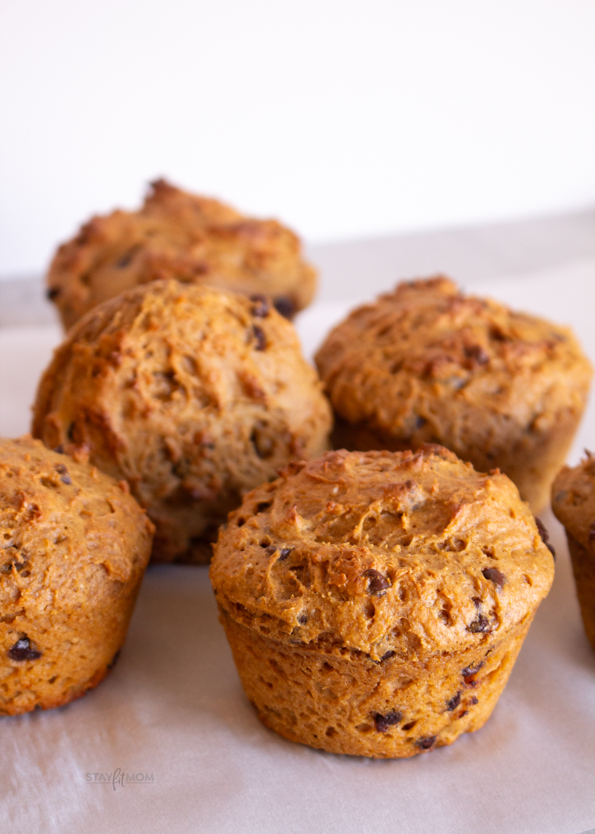 Pumpkin Protein Muffins showing completed muffins with visible mini chocolate chips.