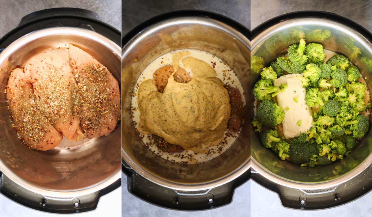 3 images the first with chicken breast in the crock pot with seasonings, next topped with sauce and the last with broccoli florets and cream cheese blocks placed on top of chicken mixture in the Instant Pot, ready to cook.