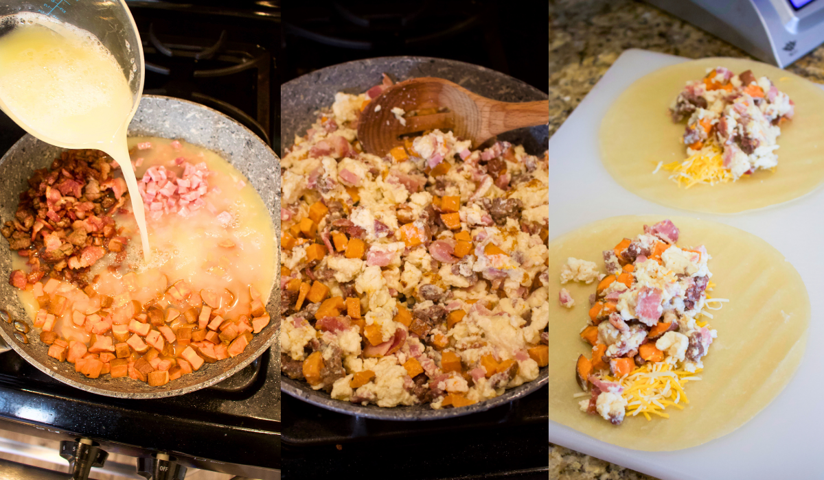 side by side image of cooked meat and sweet potatoes with eggs being poured on top. Then meat potatoes and eggs cooked. Then tortillas with filling ready to be rolled