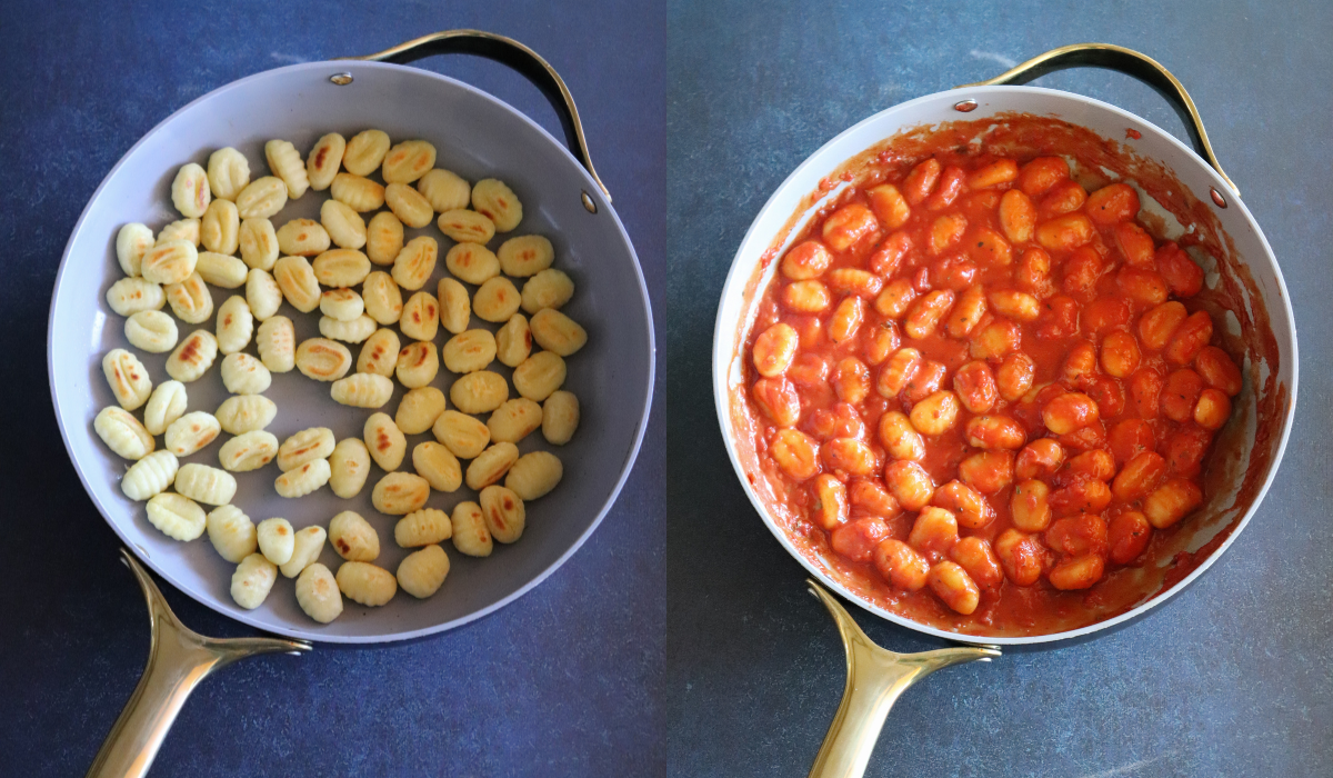 Gnocchi sautéing in butter in a skillet until golden and crisp on the edges and chicken and marinara sauce stirred together in a skillet with gnocchi for a high-protein Chicken Parmesan meal prep.