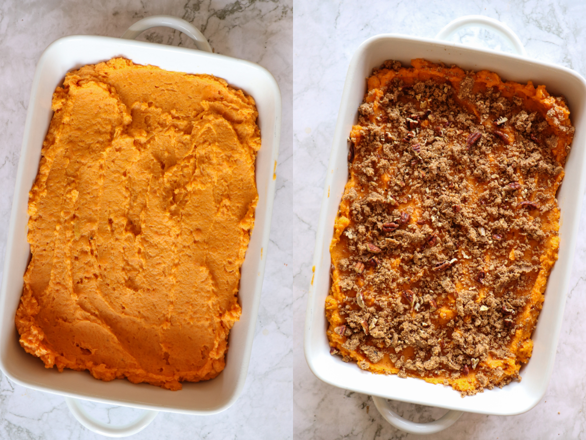 Sweet Potato casserole showing side by side of a casserole dish one side with the sweet potato mixture and the second image topped with candied pecans.