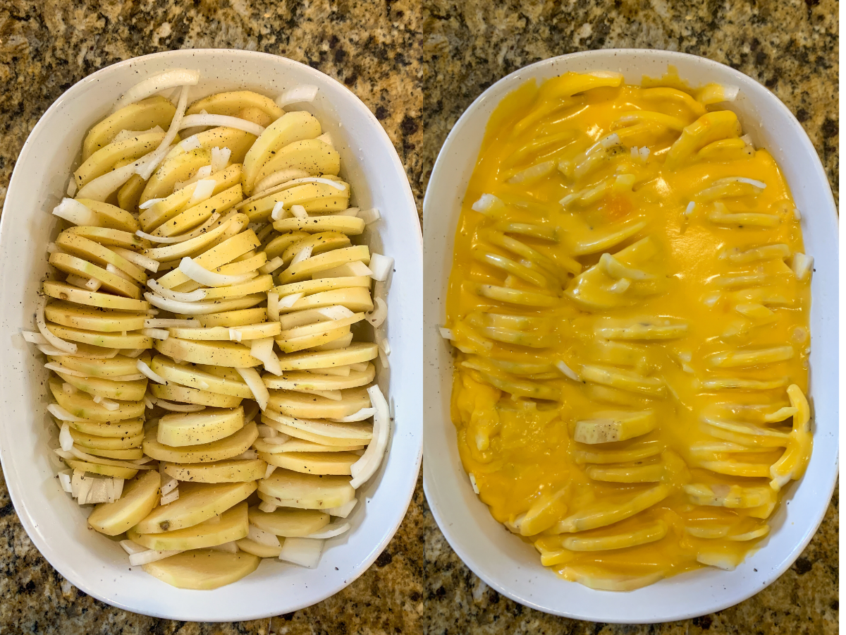 Side by side image of Sliced potatoes and onions layered in a casserole dish before adding cheese sauce, and then the same dish with the cheese sauce on top ready to bake.