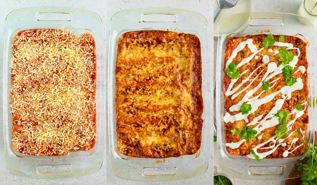 Rolled enchiladas lined tightly in a baking dish and topped with sauce and shredded cheese next to golden, bubbly pork enchiladas just out of the oven with melted cheese and warm red enchilada sauce, and another image of completed, baked enchiladas drizzled with sour cream and topped with cilantro.