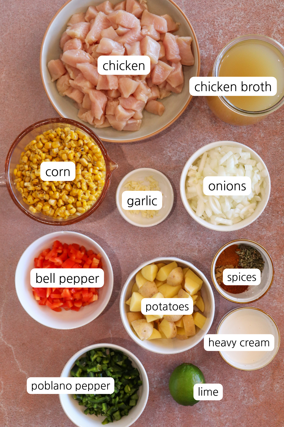 Chicken Street Corn Chowder showing small bowls with labeled ingredients.