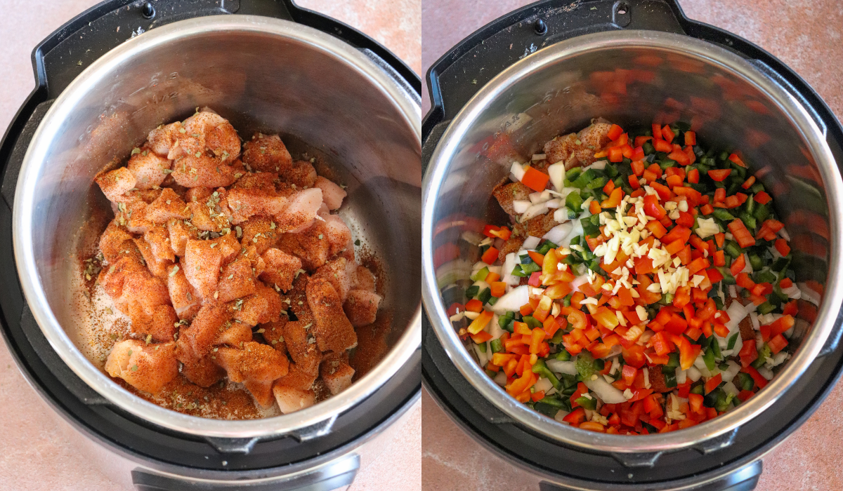 Chicken Street Corn Chowder showing two images next to each other. The first shows the instant pot with diced chicken and spices and the second shows the same image with added corn and diced veggies.