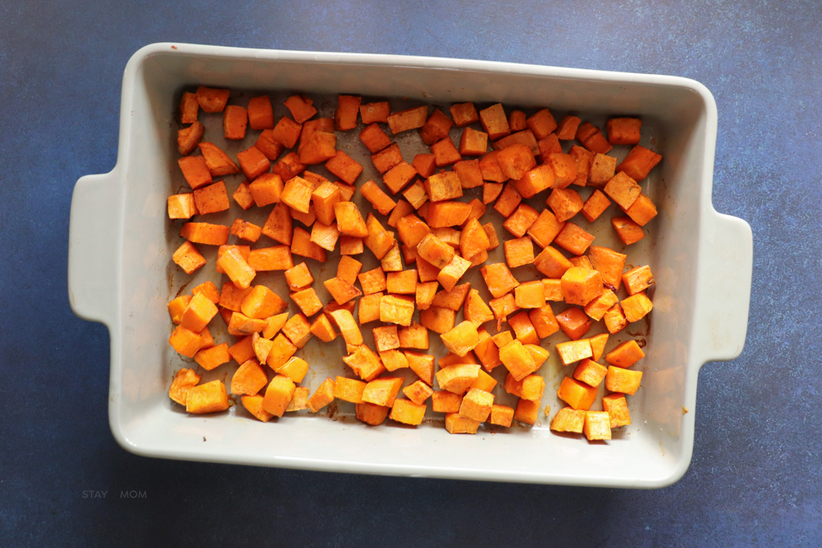 9x13 pan with diced sweet potatoes.