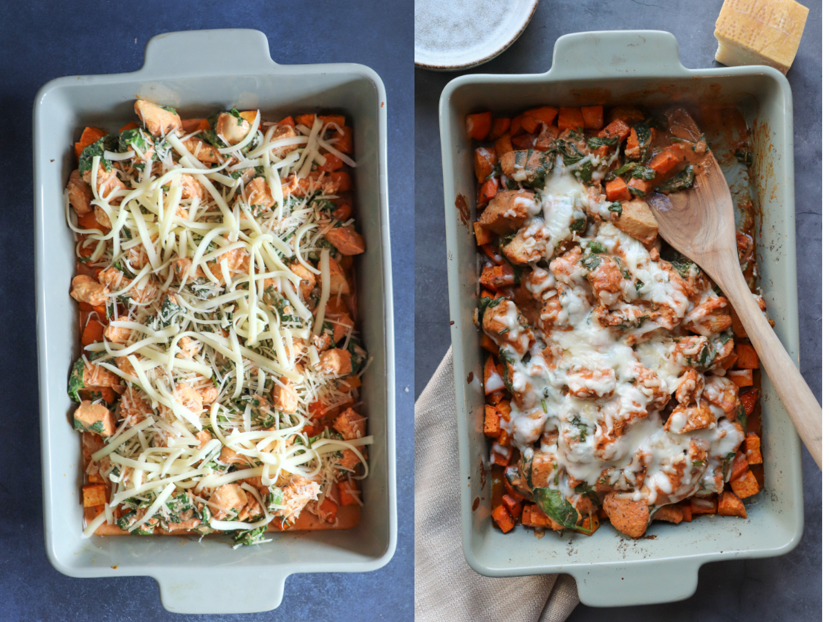 Side by side image of casserole. On the left the completed casserole ready to bake and the one on the left baked and a serving removed with a wooden spoon in the dish.