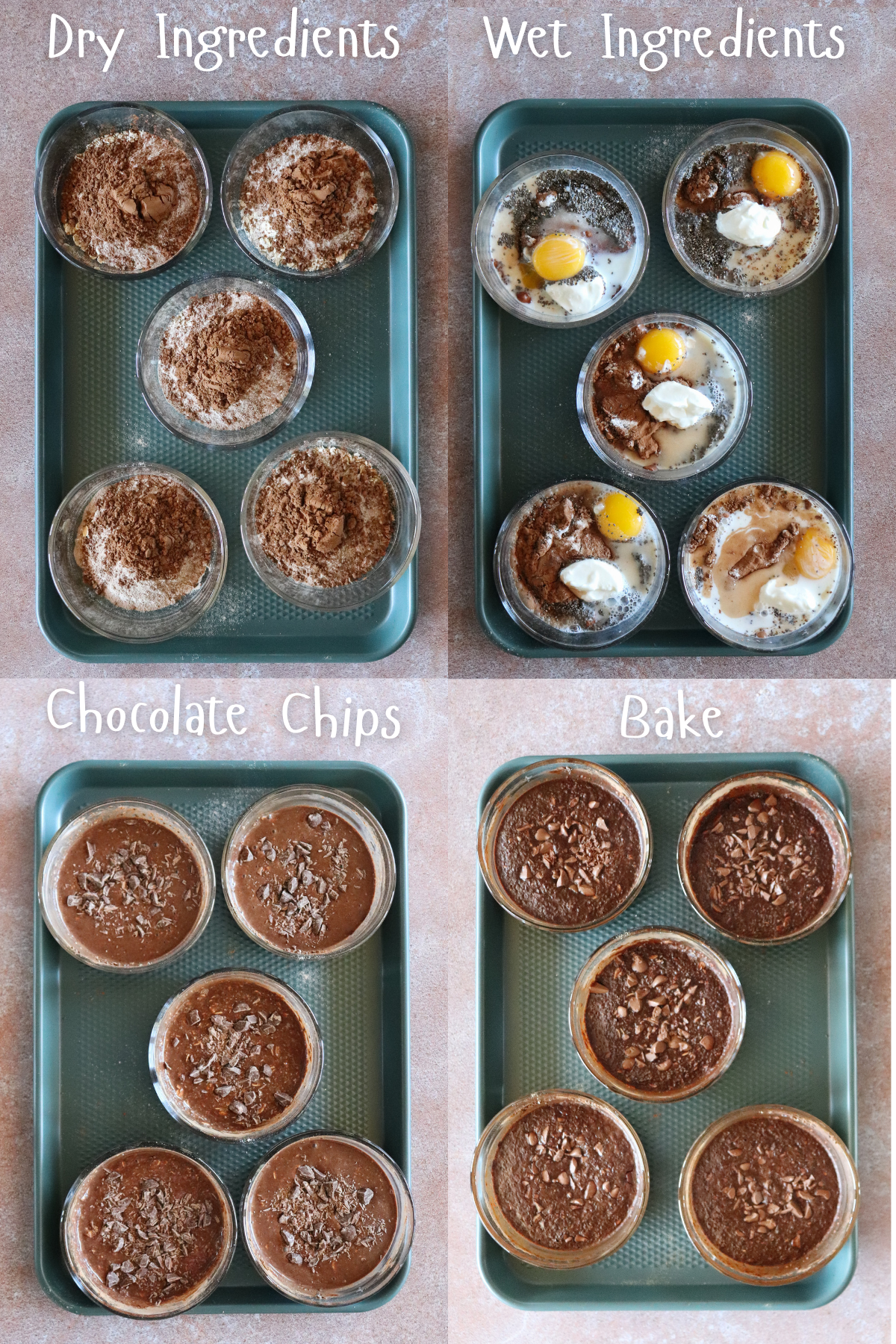 4 image picture showing dry ingredients, wet ingredients, added chocolate chips, and baked recipe.