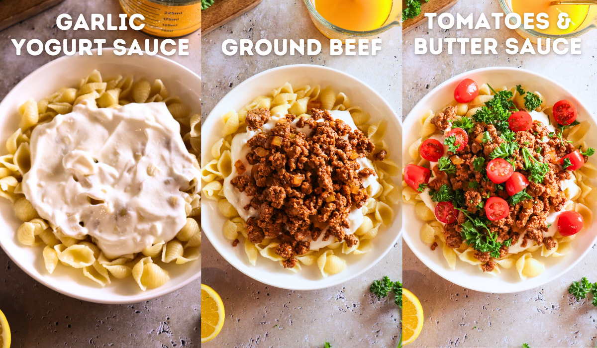 3 images showing pasta with garlic yogurt sauce, then with the added ground beef, and finally with the tomatoes and butter sauce.