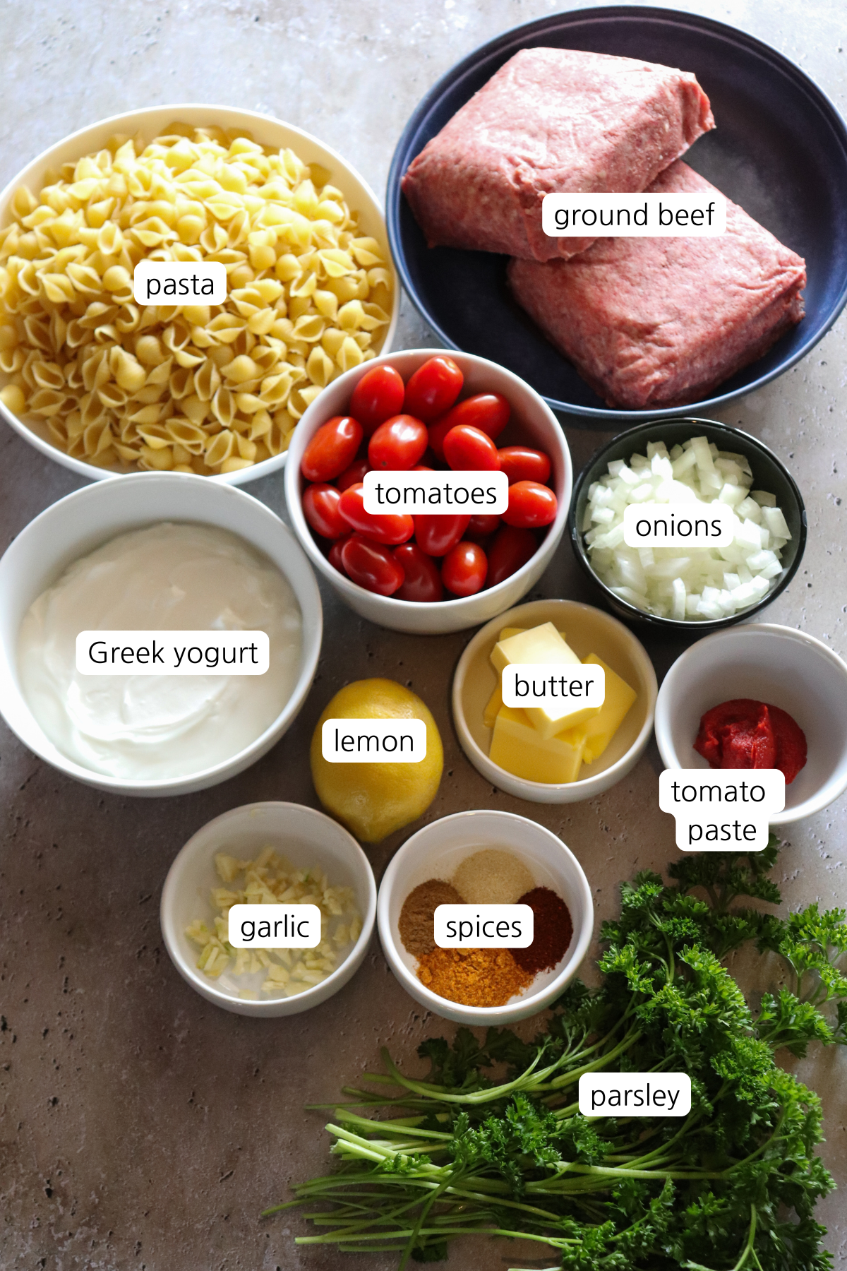 Turkish Pasta showing small bowls labeled with ingredients for this recipe.