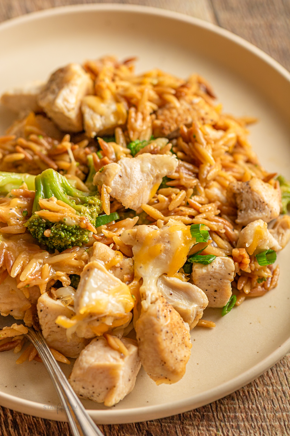 Broccoli cheddar chicken orzo showing a close up serving with visible orzo, chicken breast, broccoli, and melted cheese.
