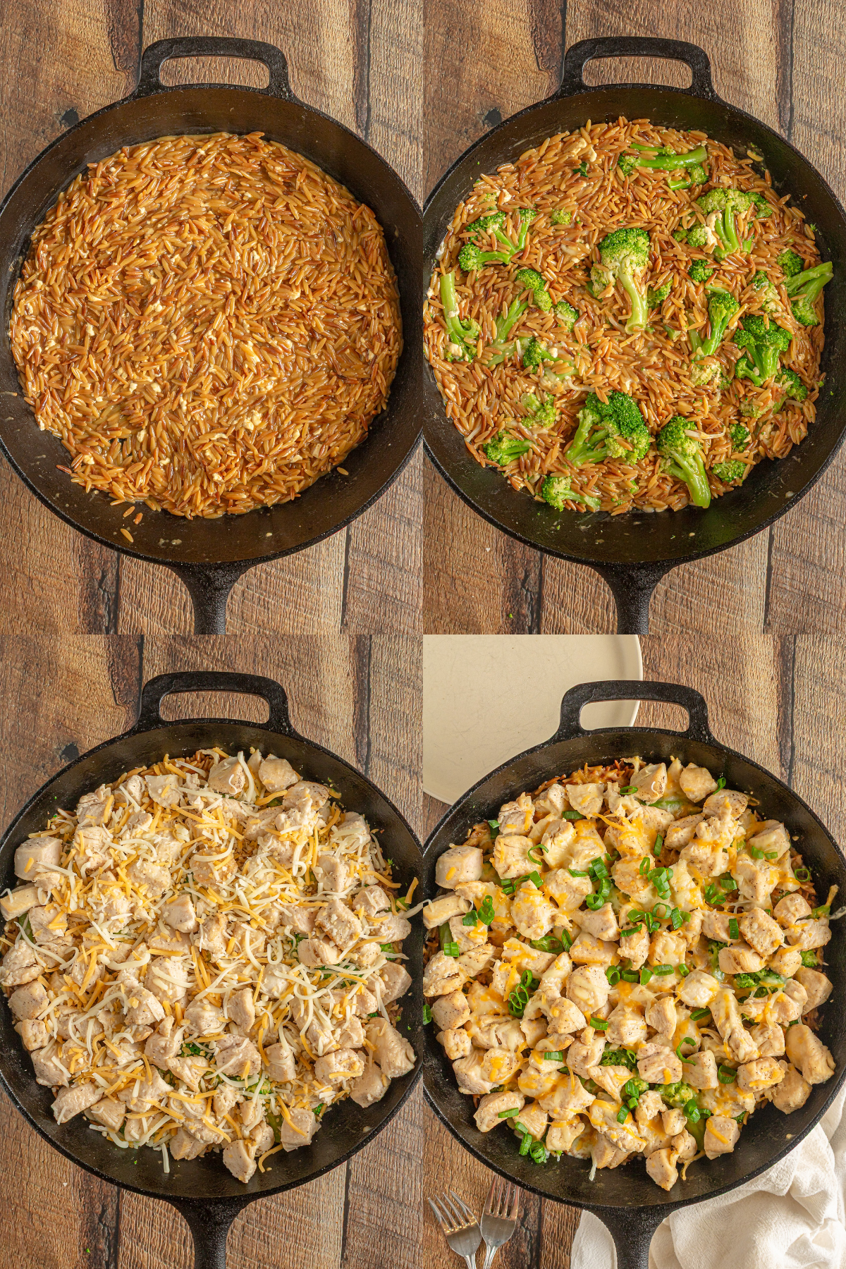 4 picture image showing browned orzo, then with added broccoli next is with added chicken and shredded cheese, and finally the finished recipe.