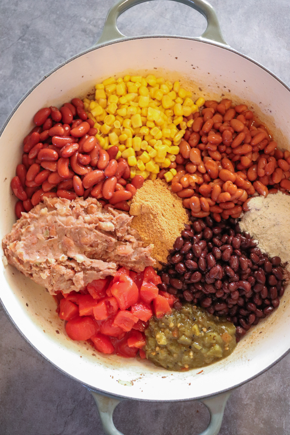 Soup pot showing Taco Soup ingredients in small piles so each ingredient is visible.