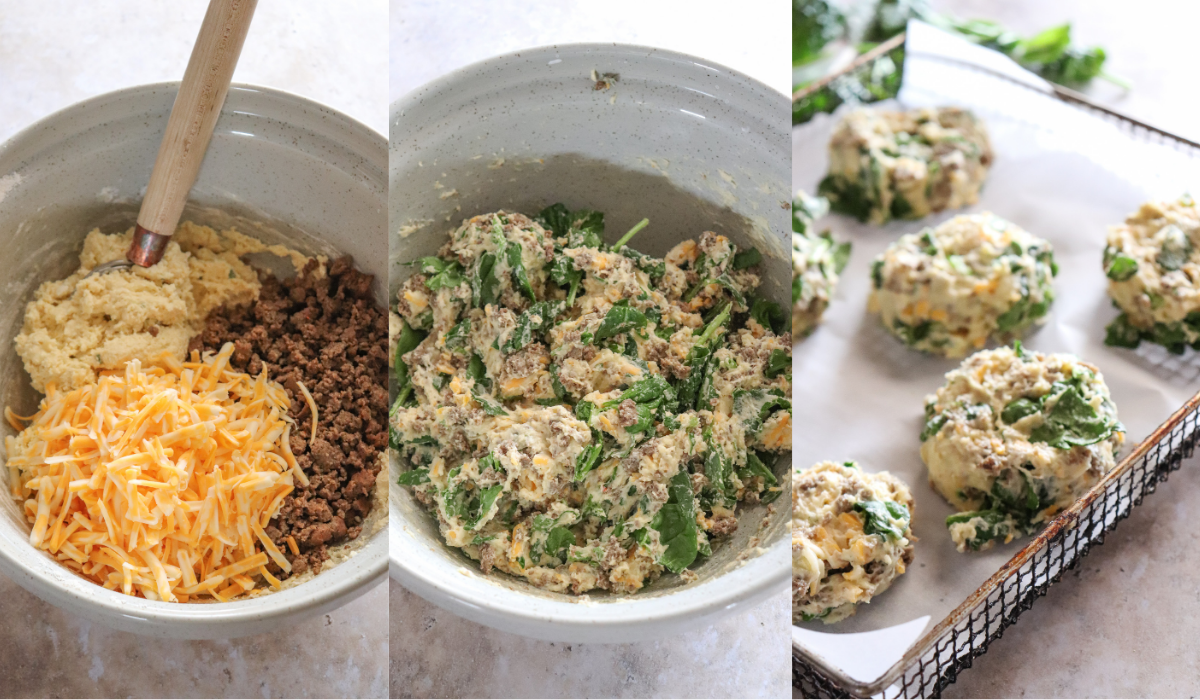 3 images stitched together. The first showing the biscuit dough topped with cheese and sausage ready to be stirred in. The middle image shows the mixture with added spinach. The last image shows the biscuits dropped onto parchment paper ready to bake.
