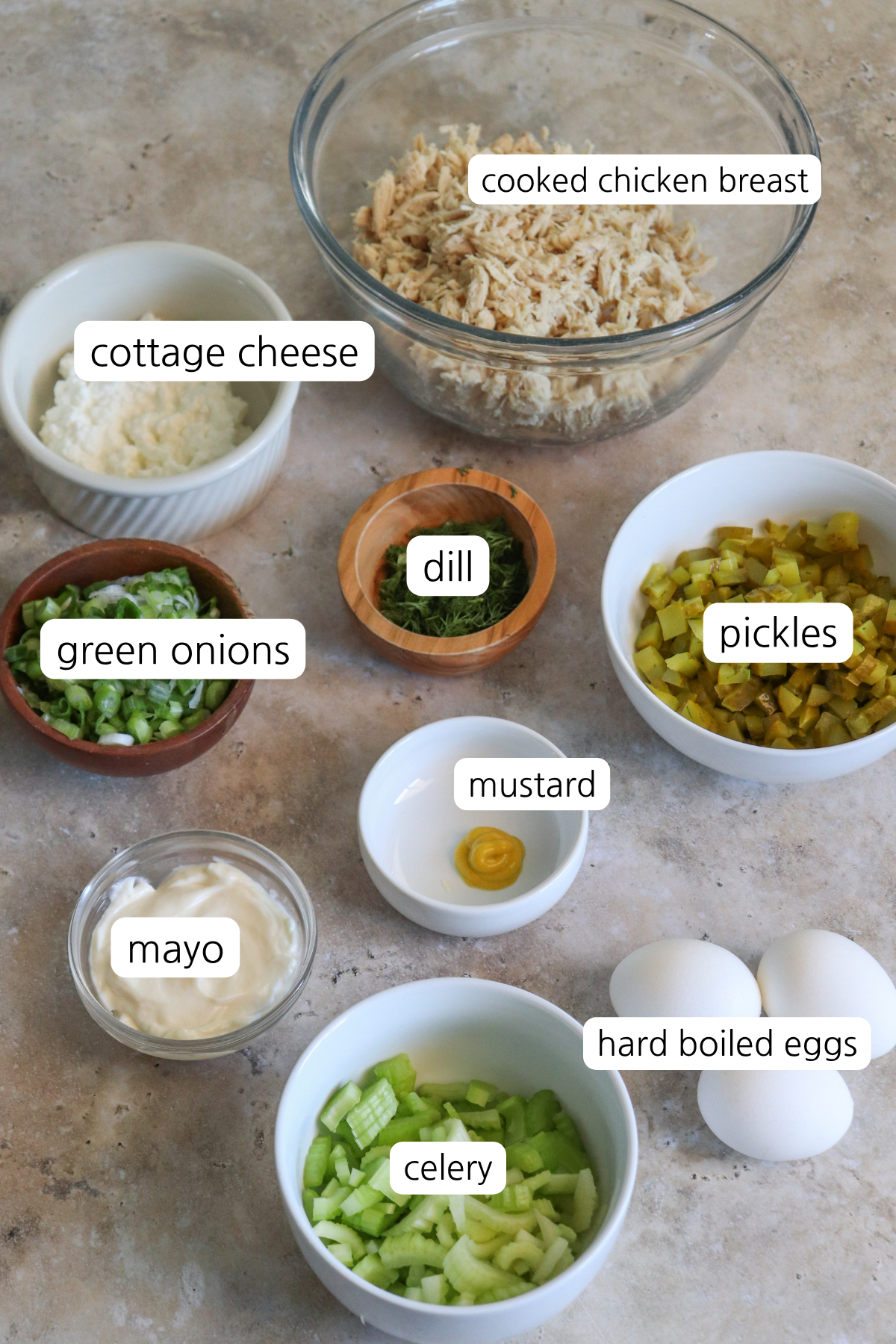 Dill chicken salad showing small bowls labeled with ingredients: cooked chicken breast, cottage cheese, dill, green onions pickles, mustard, mayo, celery, and hard boiled eggs.