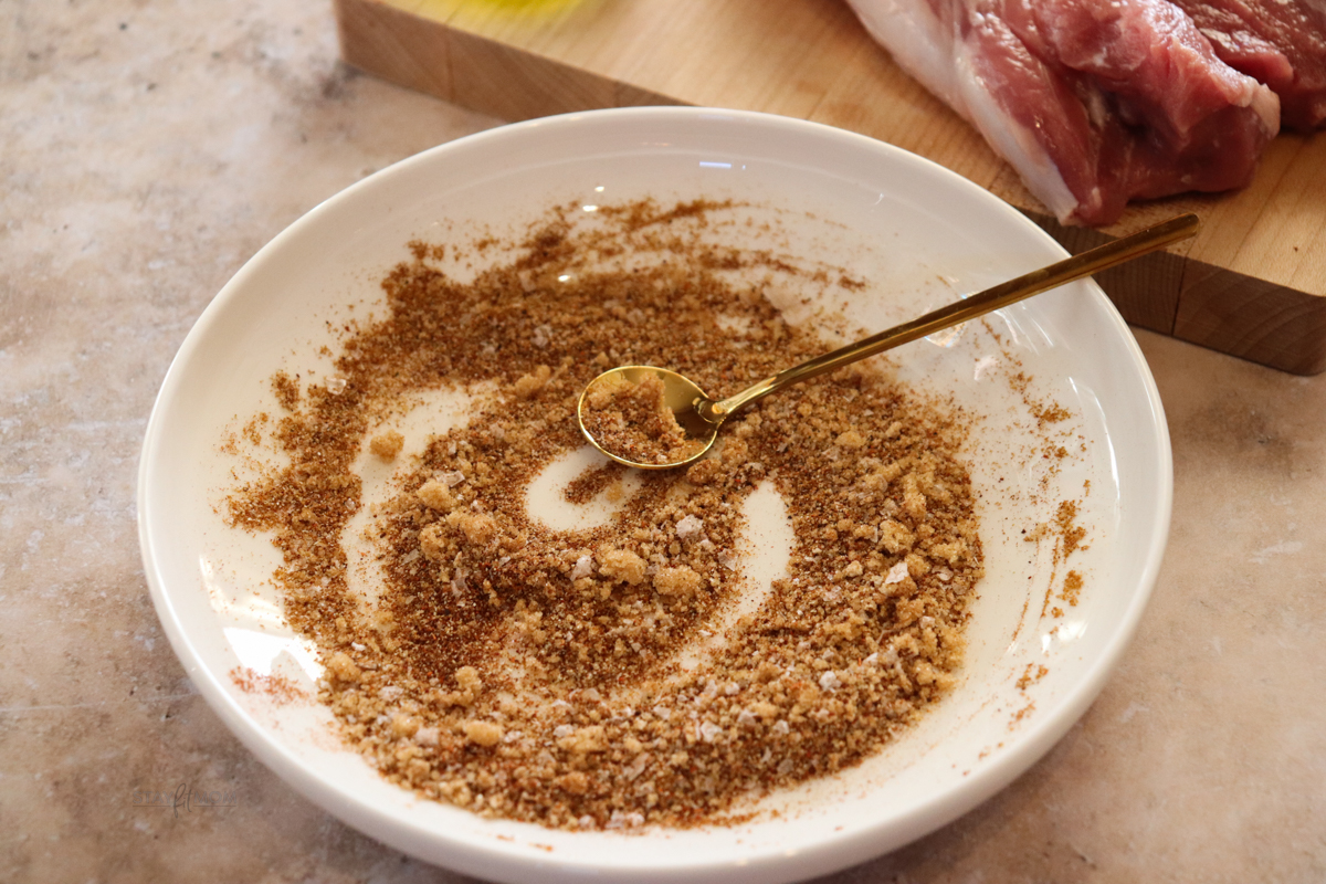 Pork tenderloin spices mixed together in a white bowl.