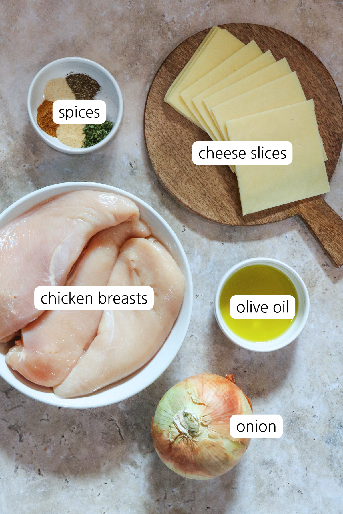 Chicken patties showing ingredients laid out and labeled.