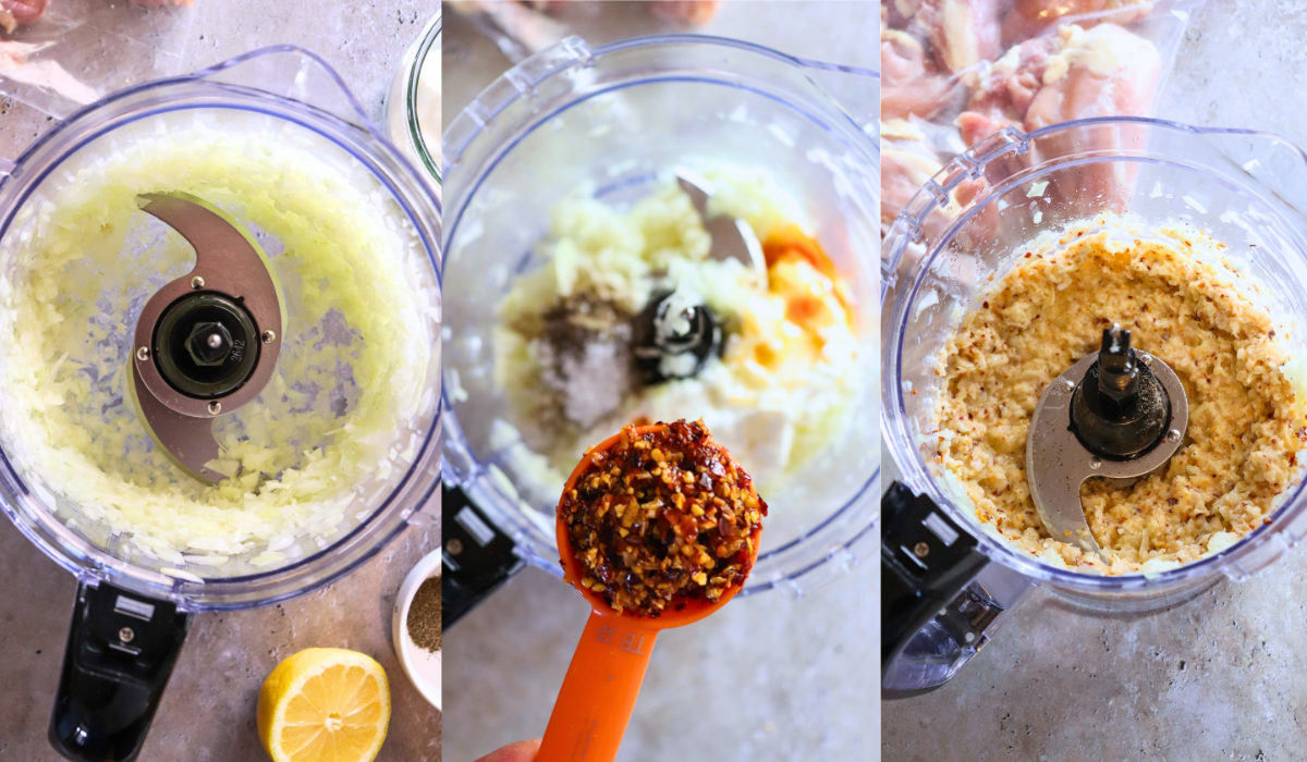 3 side-by-side images showing how to make crunchy onion oil.