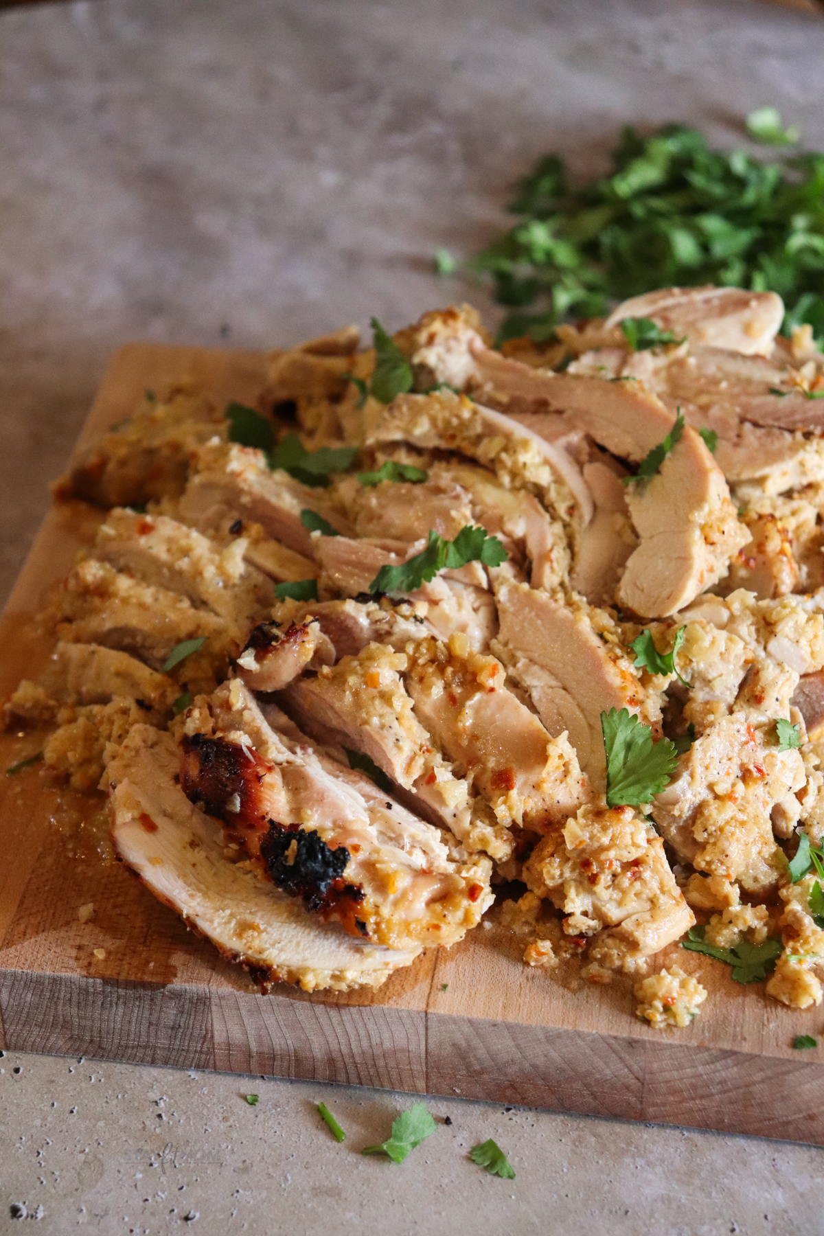 Crunchy onion loaf pan chicken chopped up and ready to be served and/or stored for later use.