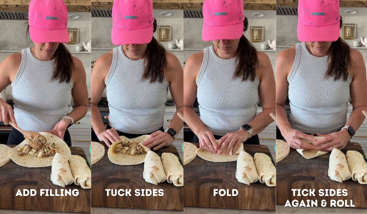 4 images side by side of Krista showing the steps of stuffing and rolling the burritos.