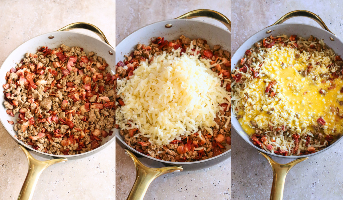 3 images showing the cooked meat, then the meat with the hash browns on top, then the added eggs ready to be cooked in.