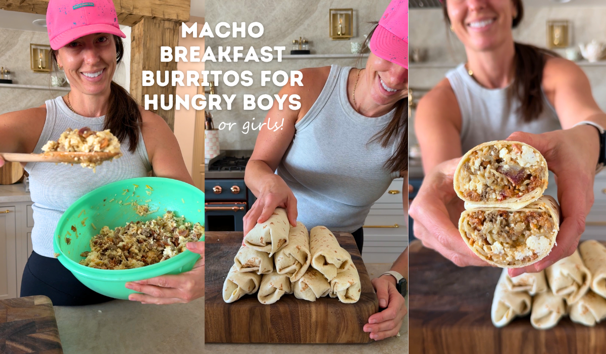 Macho Breakfast Burritos showing 3 images. In the first, Krista has a bowl of the burrito filling, next she is stacking a pile of rolled burritos, and in the last she has a burrito cut in half and is showing it close to the camera.