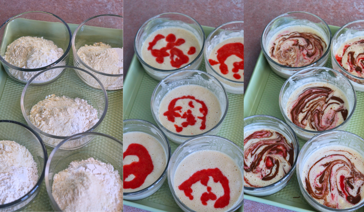 Real Strawberry Nutella Protein Pancake Bowls showing a 3 step process of pancake powder in bowls, a strawberry drizzle on top, and the baked finished product.