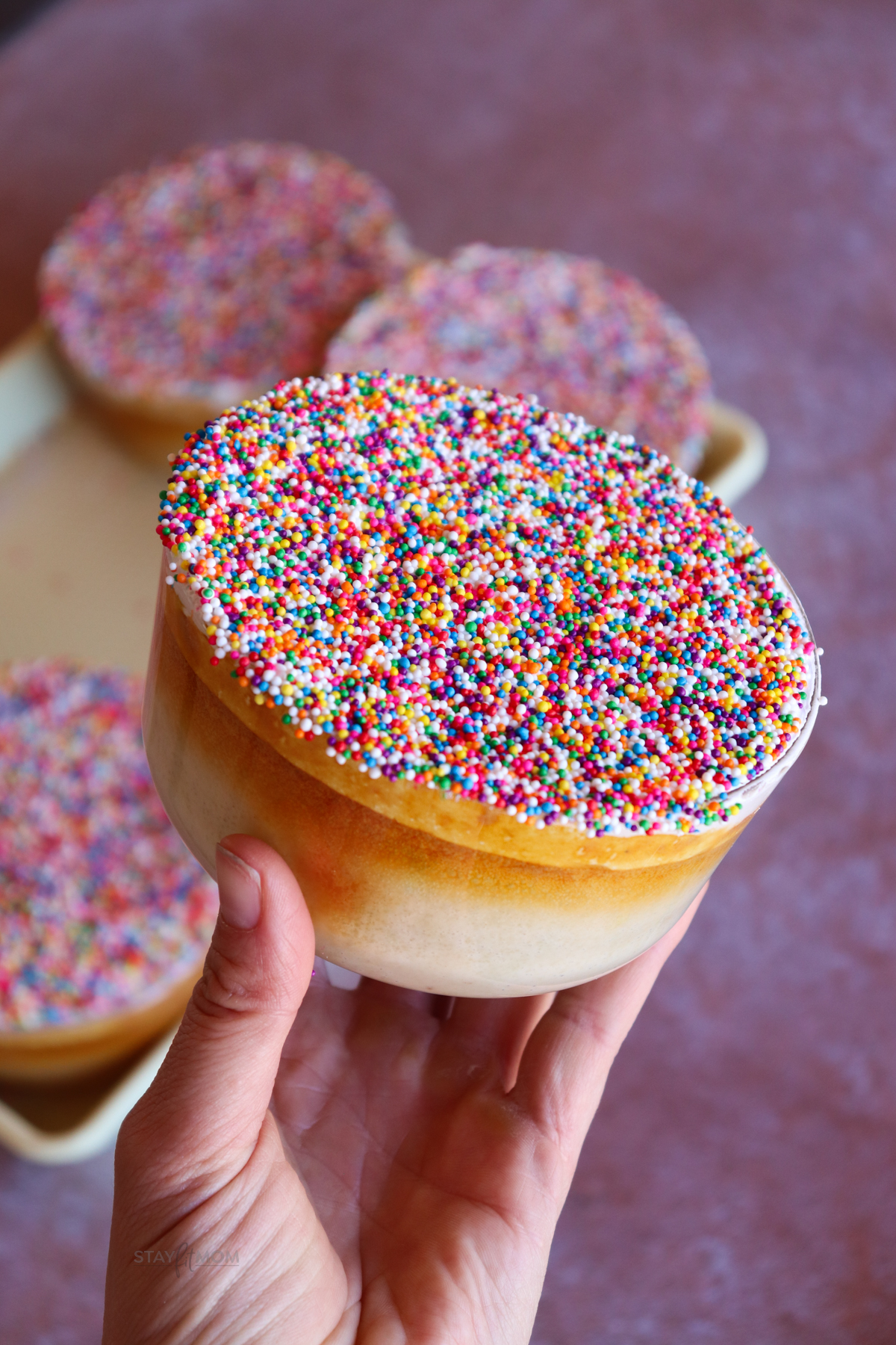 Dot Pancake Bowls showing completed pancake baked in a glass dish and topped with sprinkles.