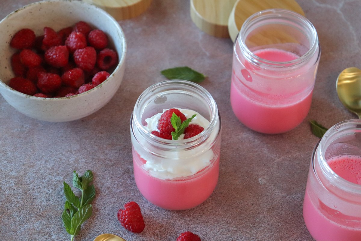 Yogurt Jello cups showing a small glass jar filled with the mixture, topped with whipped cream, fresh raspberries, and a sprig of mint.