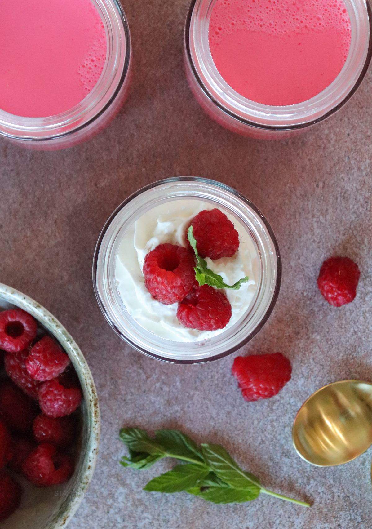 Yogurt Jello cups showing a small glass jar filled with the mixture, topped with whipped cream, fresh raspberries, and a sprig of mint.