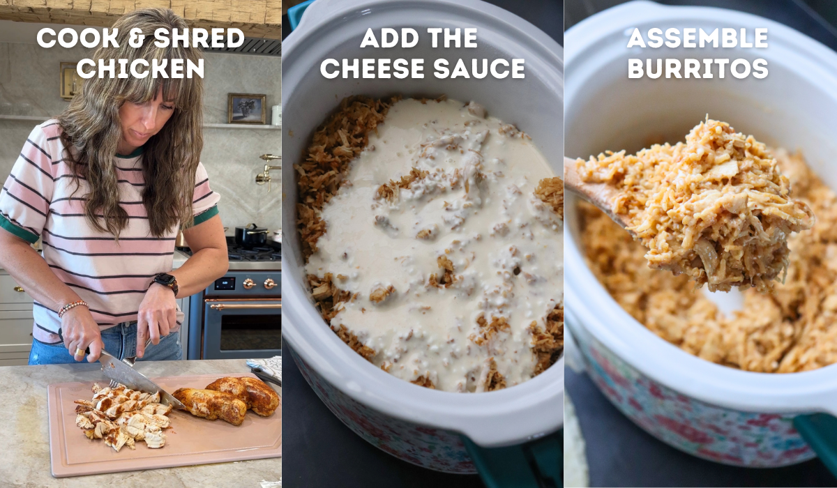 3 images showing Krista cooking the shredded chicken, the cheese sauce added on top, and the cheesy chicken and rice mixture ready to be added into tortillas.