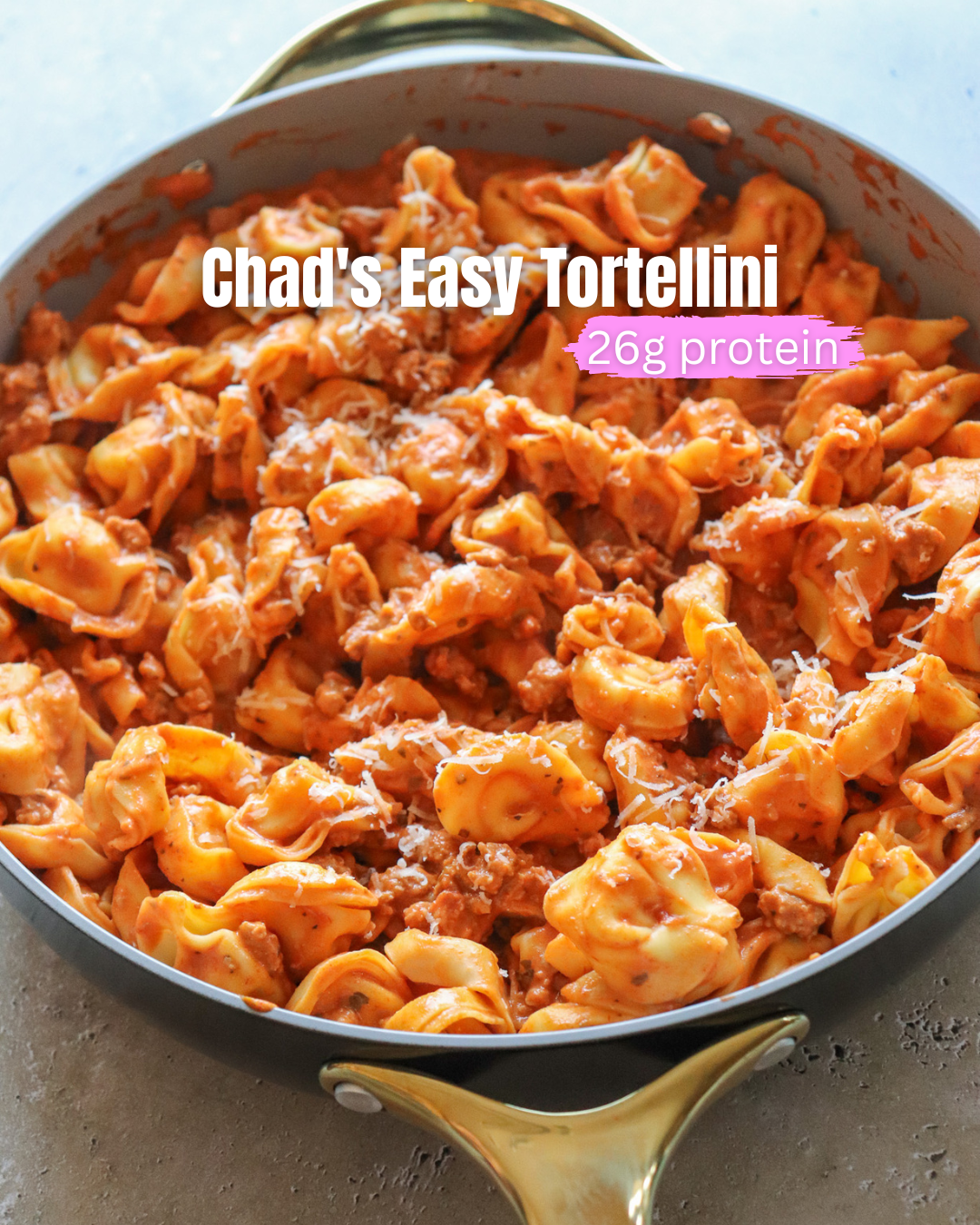 Chad's Easy Tortellini showing a skillet filled with tortellini, ground beef, marinara, and cheese.