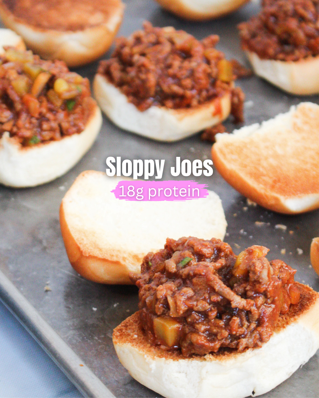 Sloppy Joes showing several open faced buns filled with Sloppy Joe mixture.