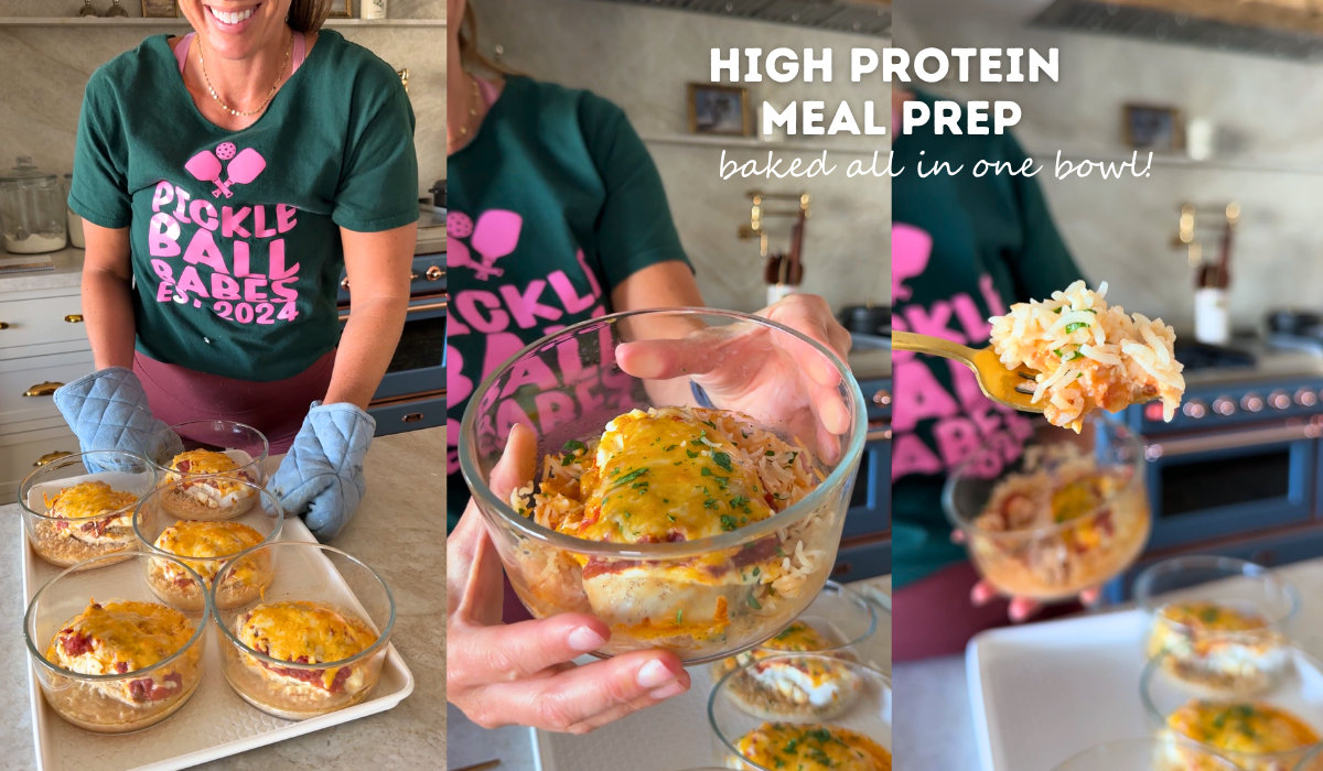 3 images stitched showing Krista with the finished meal prep on a baking sheet, an up close picture of a salsa chicken bake, and a perfect bite on a fork.