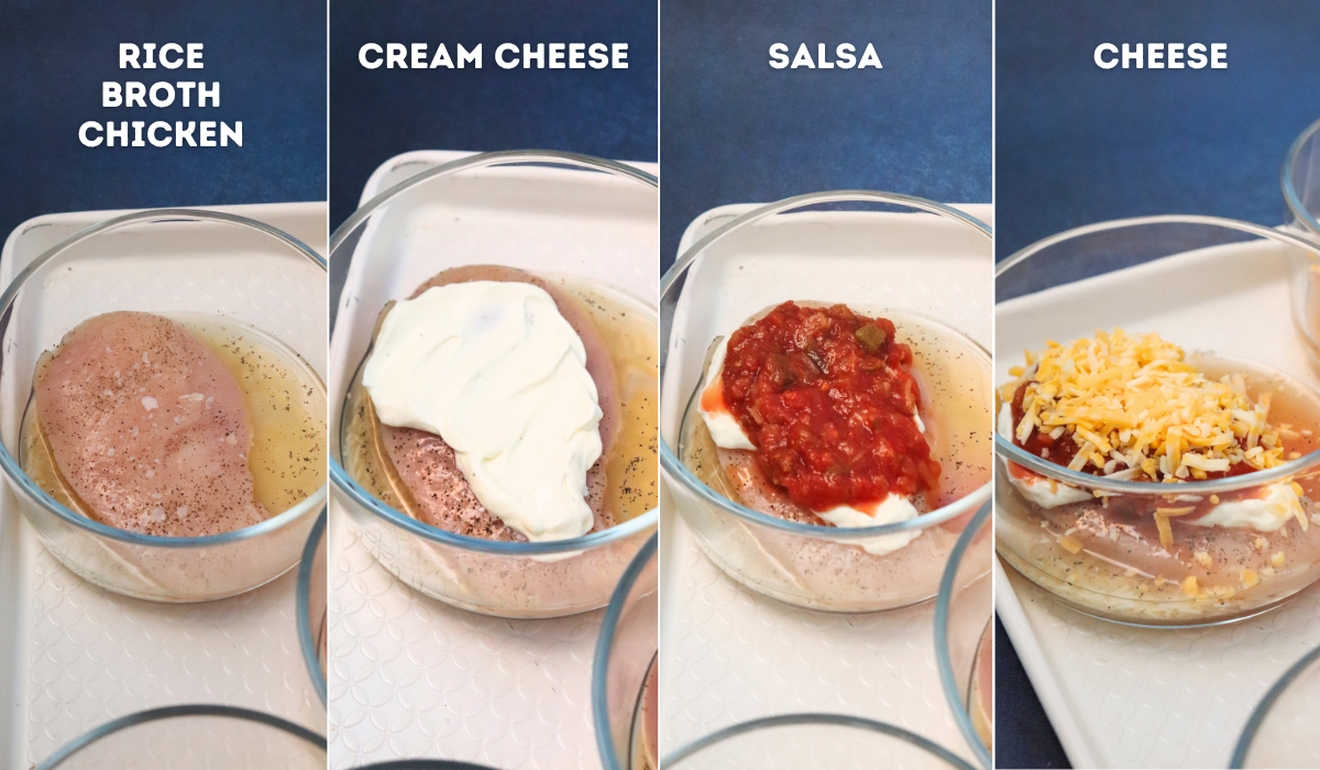 4 images showing glass bowls with step by step additions. First step rice, broth, and chicken. Next, cream cheese on top. Then salsa added, and finally the shredded cheese.